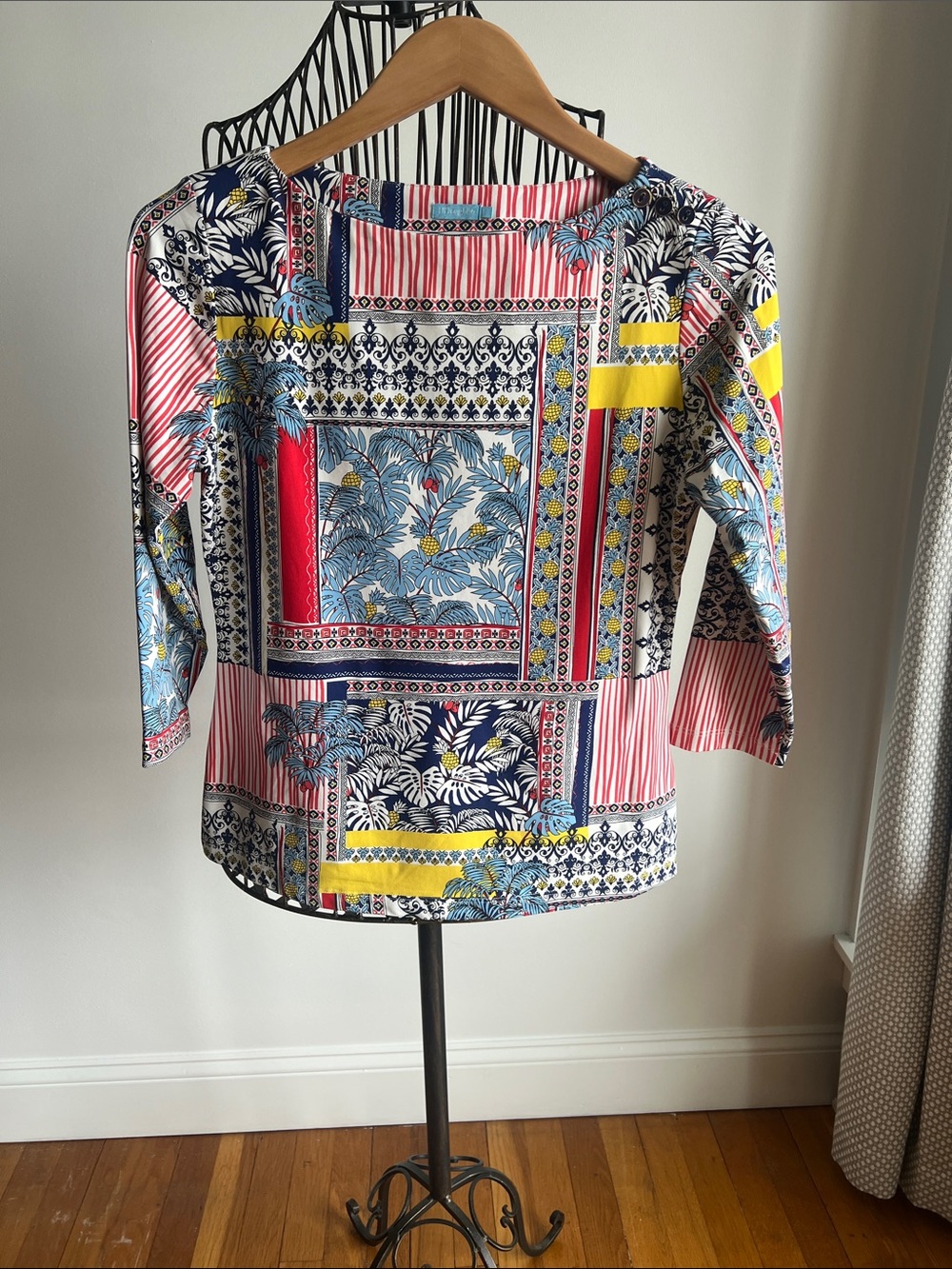 J. McLaughlin Multicolor Patchwork Print Blouse - Blue, Yellow, Red, White